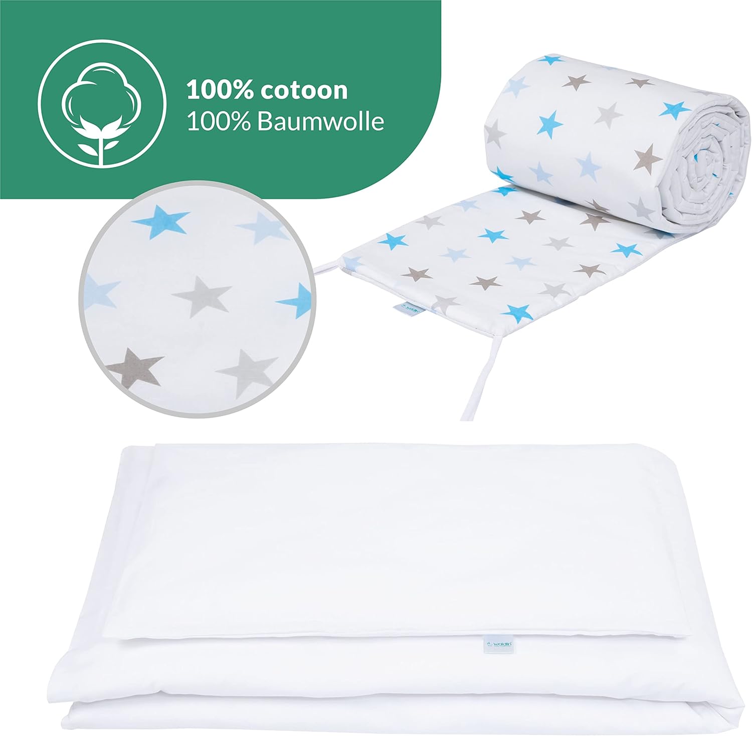 Waldin Lettino per bambini in legno 7in1 con materasso, Letto "Cresci con me", Ventilato, Base regolabile in 5 altezze, Set All-Inclusive, Legno Bianco