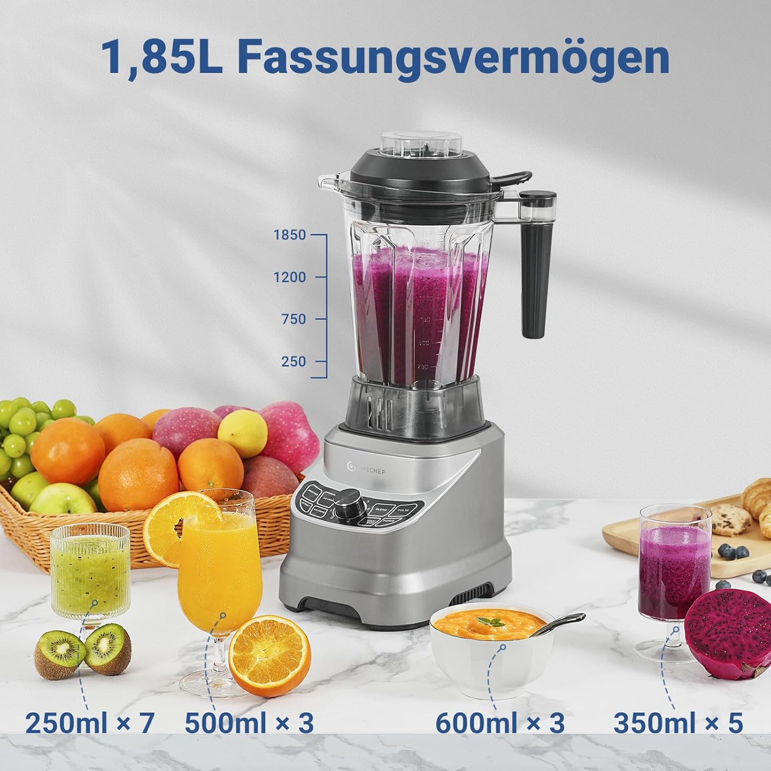 AMZCHEF Frullatore Professionale 2 IN1 con Contenitori da 1850 ml e 600 ml per Due Modalità di Frullatura | Frullatore da Tavolo 2000 Watt con 6 Lame Professionali e 22000 Giri/Min - Grigio Opaco
