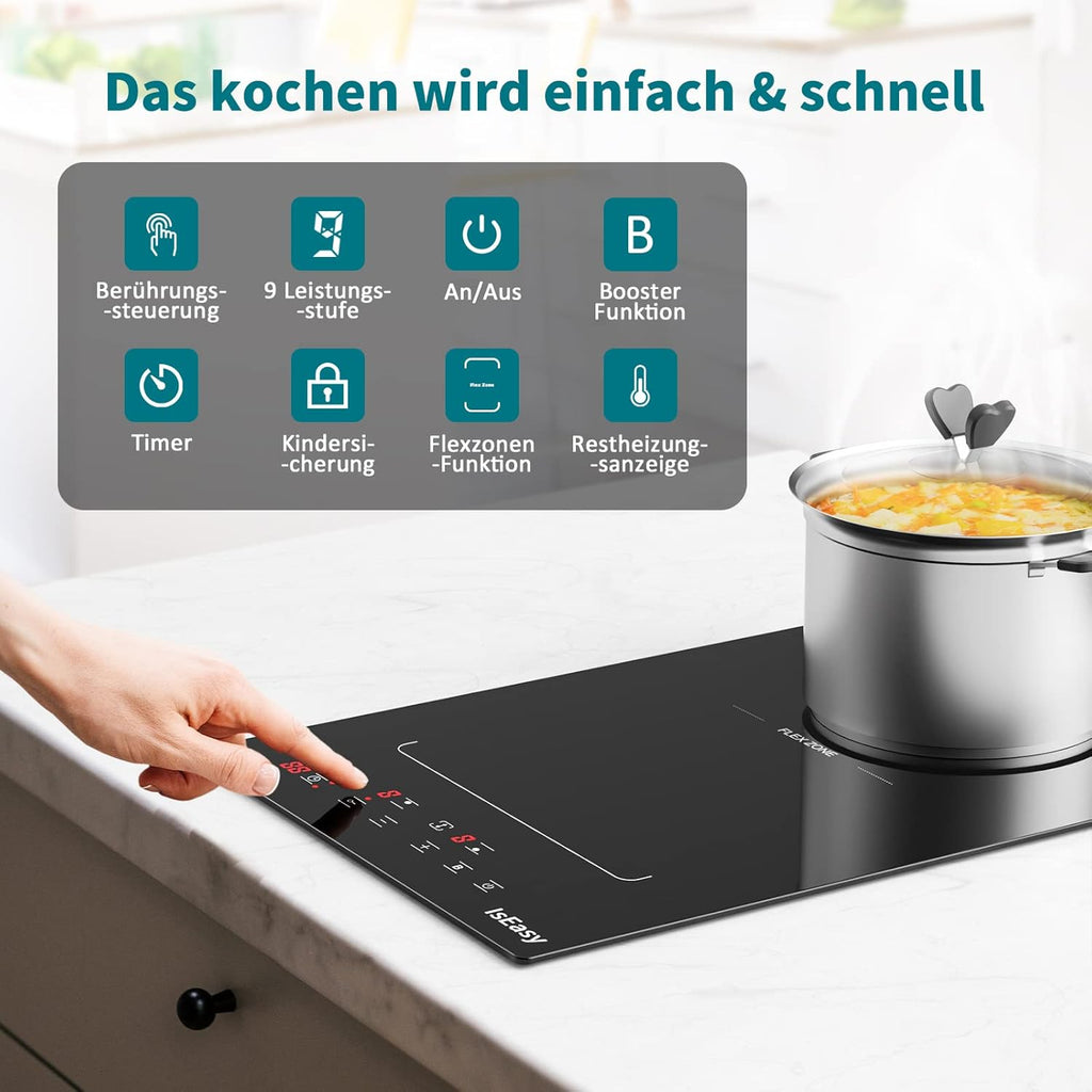 IsEasy 4 Zonen Einbau Induktionskochfeld mit 9 Leistungsstufen &1-99Min Timer, Boost-Funktion, Induktionskochplatte, Induktion Herdplatte mit 4 Platten, 60cm, 6800W, Schwarz