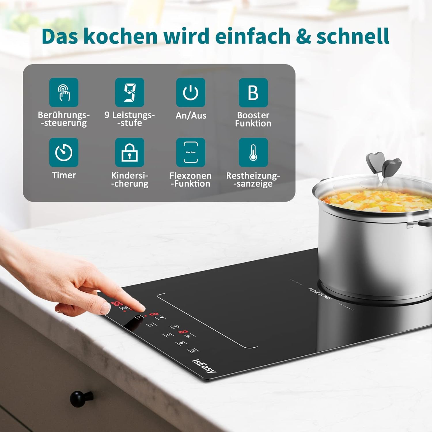 IsEasy 4 Zonen Einbau Induktionskochfeld mit 9 Leistungsstufen &1-99Min Timer, Boost-Funktion, Induktionskochplatte, Induktion Herdplatte mit 4 Platten, 60cm, 6800W, Schwarz