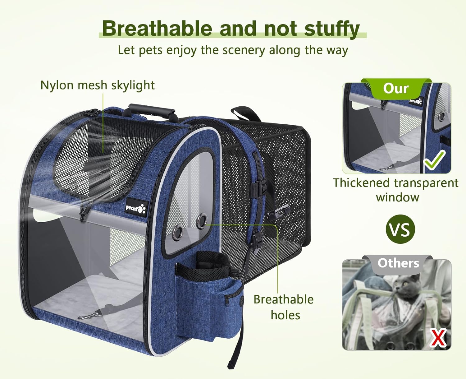 pecute Haustier Rucksack mit Netzfenster, Tragbare und Faltbare Katzentasche, Atmungsaktive und Leichte Hundetasche, Wasserdichtes Oxford-Tuch mit Viel Platz, Multifunktionales Rutschfestes Grau XL