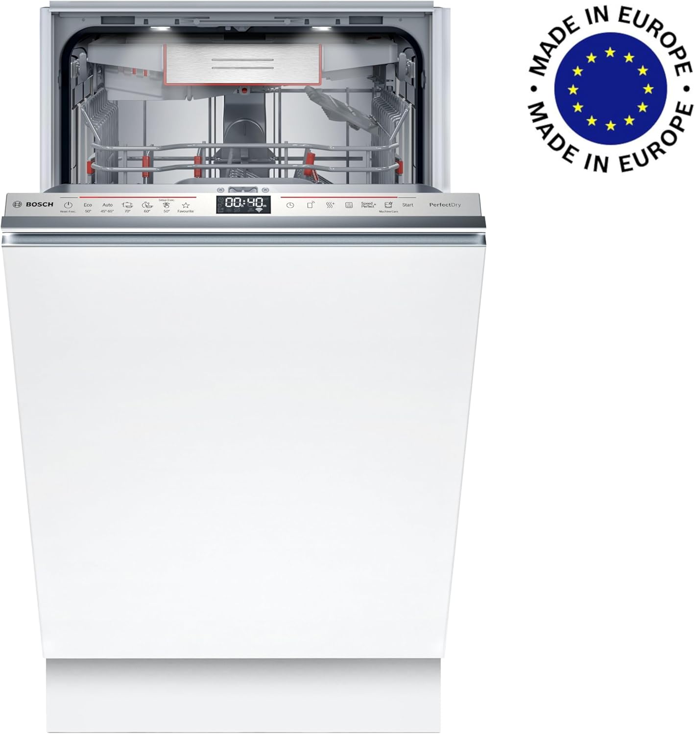 Bosch SPV2IKX10E Serie 2 Lavastoviglie smart a scomparsa totale, larghezza 45 cm, Cestello posate, Extra Asciugatura con la pressione di un pulsante, InfoLight punto luce rosso sul pavimento, AquaStop protezione dai danni causati dall'acqua, Bianco