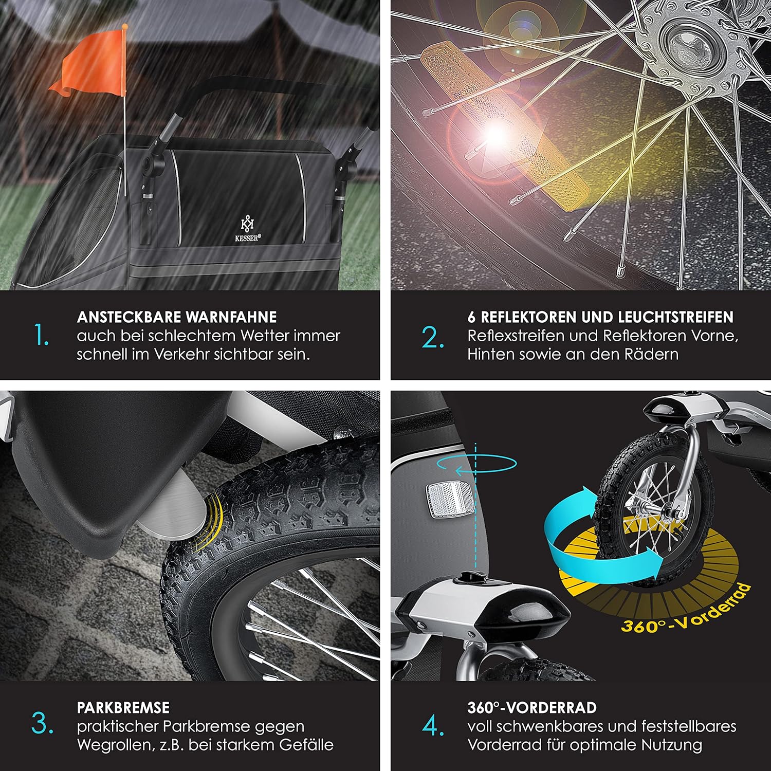 KESSER® Kinderanhänger Fahrradanhänger 360° Drehbar mit Federung 2in1 Joggerfunktion Kinderfahrradanhänger + 5-Punkt Gurt Jogger Fahrrad Anhänger für 1 bis 2 Kinder max. 40kg Inkl. Warnfahne, Schwarz