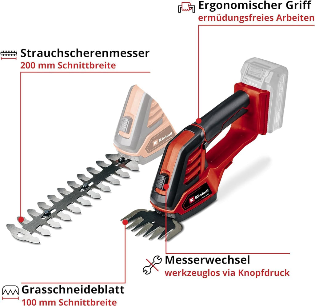 Tagliasiepi e tagliaerba a batteria Einhell GE-CG 18/100 Li-Solo Power X-Change (Li-Ion, 18 V, larghezza di taglio lama tagliaerba 100 mm, lama tagliasiepi 200 mm, senza batteria e caricabatterie)