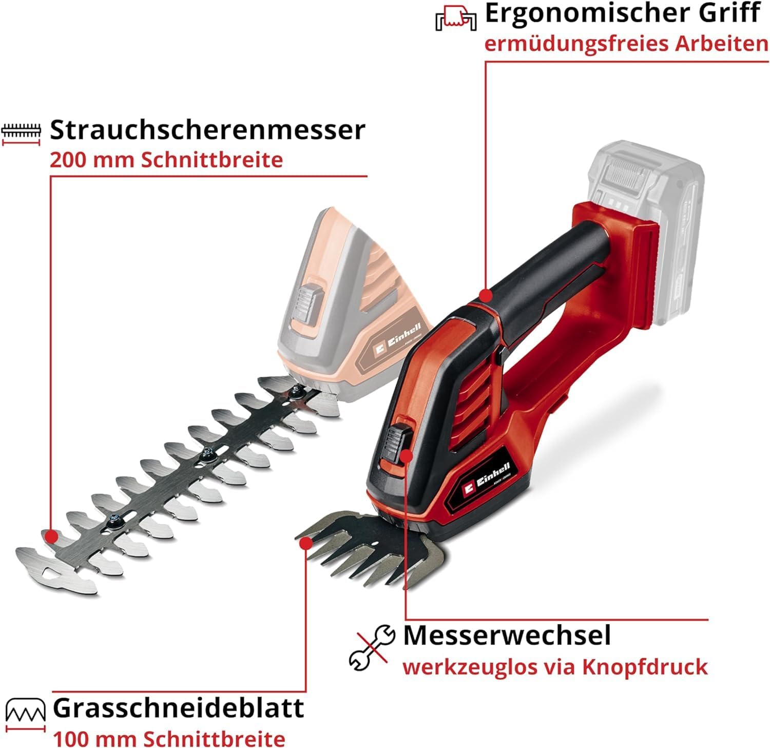 Tagliasiepi e tagliaerba a batteria Einhell GE-CG 18/100 Li-Solo Power X-Change (Li-Ion, 18 V, larghezza di taglio lama tagliaerba 100 mm, lama tagliasiepi 200 mm, senza batteria e caricabatterie)