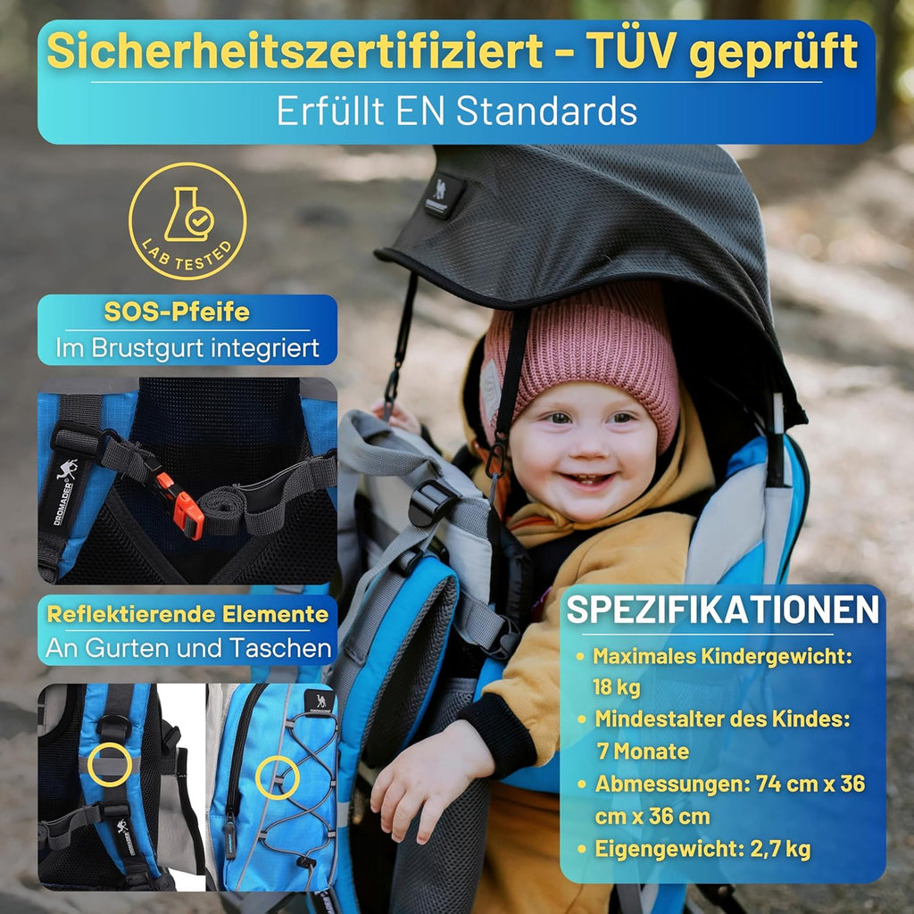 Dromader Kraxe Kindertrage bis 22kg – Kindertrage Wandern mit Sonnendach, Regenschutz, Thermotasche, Wickelmatte – Einhändig klappbare Rahmen – Blau