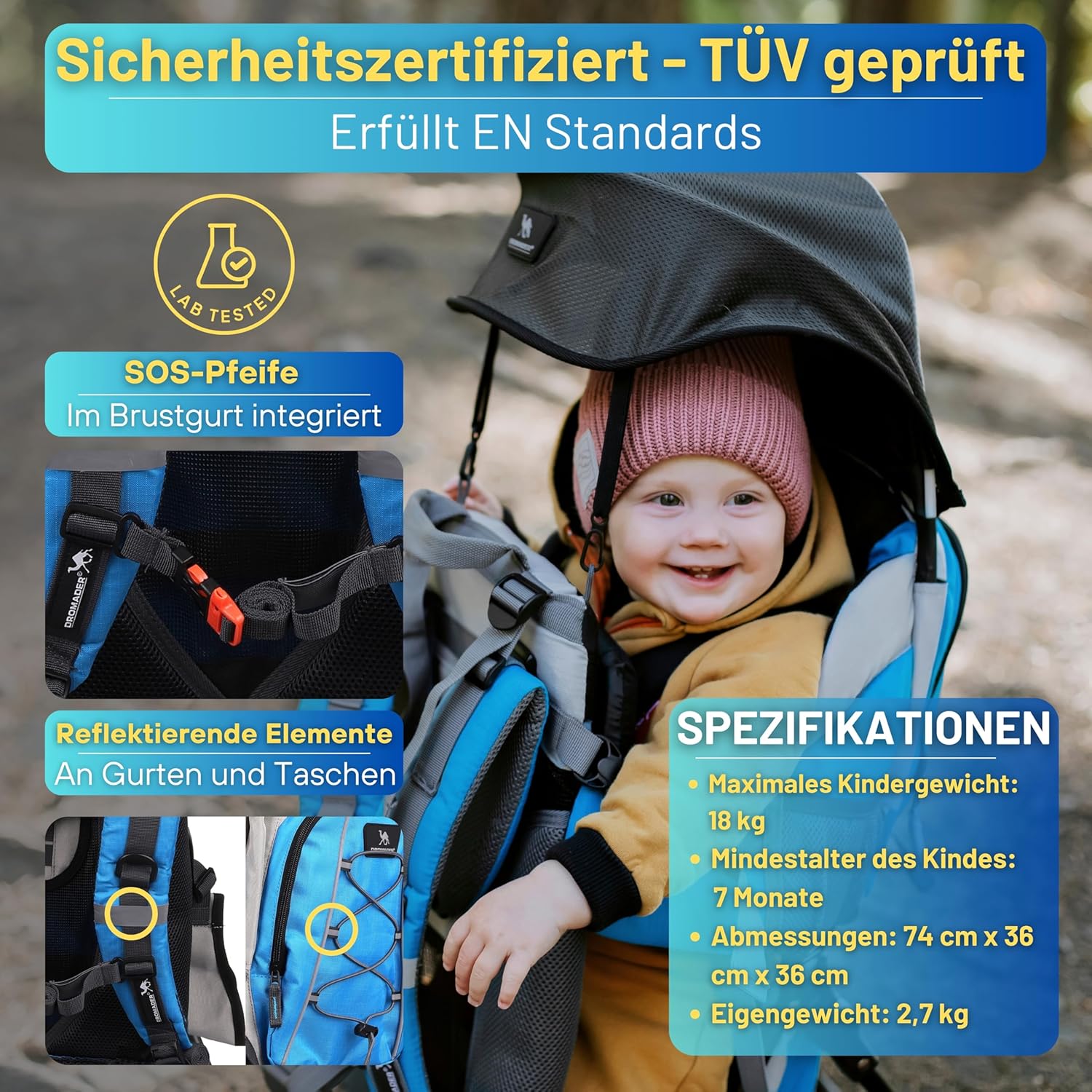 Dromader Kraxe Kindertrage bis 22kg – Kindertrage Wandern mit Sonnendach, Regenschutz, Thermotasche, Wickelmatte – Einhändig klappbare Rahmen – Blau