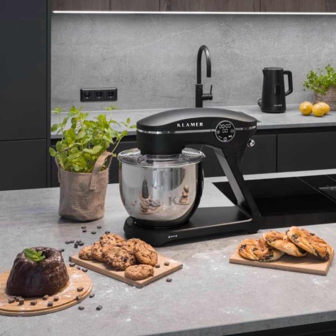 KLAMER Robot da Cucina 1800W, Impastatrice per Pane con Ciotola in Acciaio Inox da 6 L, 10 Velocità con Timer, Movimento Planetario, Frusta a Filo, Gancio Impastatore, Frusta a Palloncino e Coperchio Antischizzi (Nero)