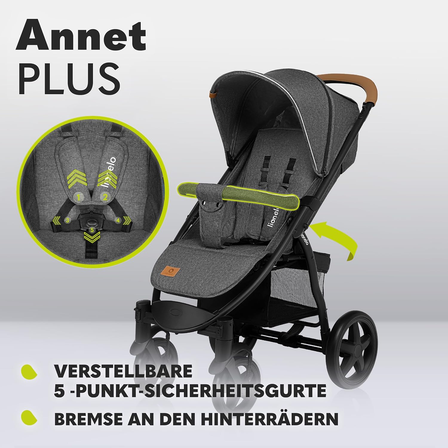 LIONELO Annet Buggy fino a 22 kg con funzione reclinabile, passeggino compatto richiudibile con accessori, ruote in schiuma EVA, zanzariera, coprigambe, portabevande, cestino (Golden Moments, Tour)