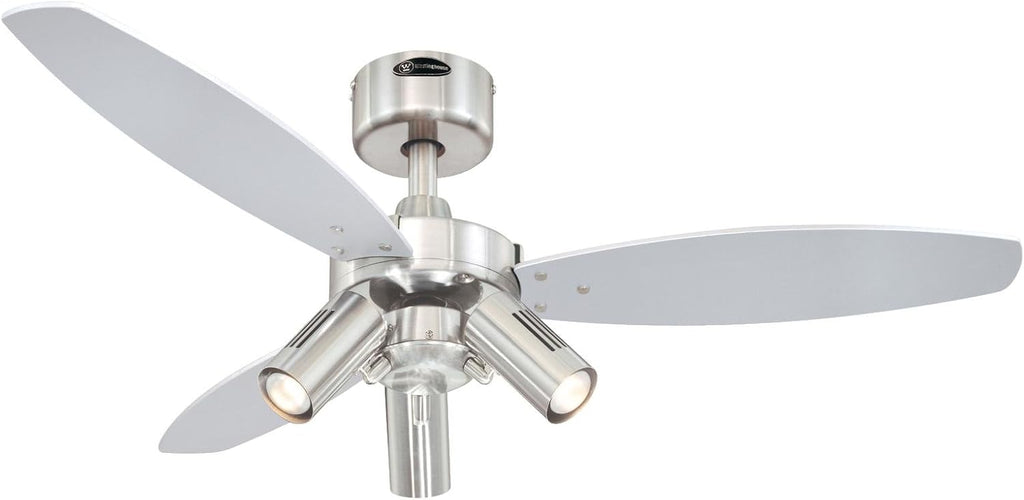 72290 Jet Plus, moderno ventilatore da soffitto da 105 cm con illuminazione di Westinghouse Lighting, finitura in nichel spazzolato, con faretti, telecomando incluso