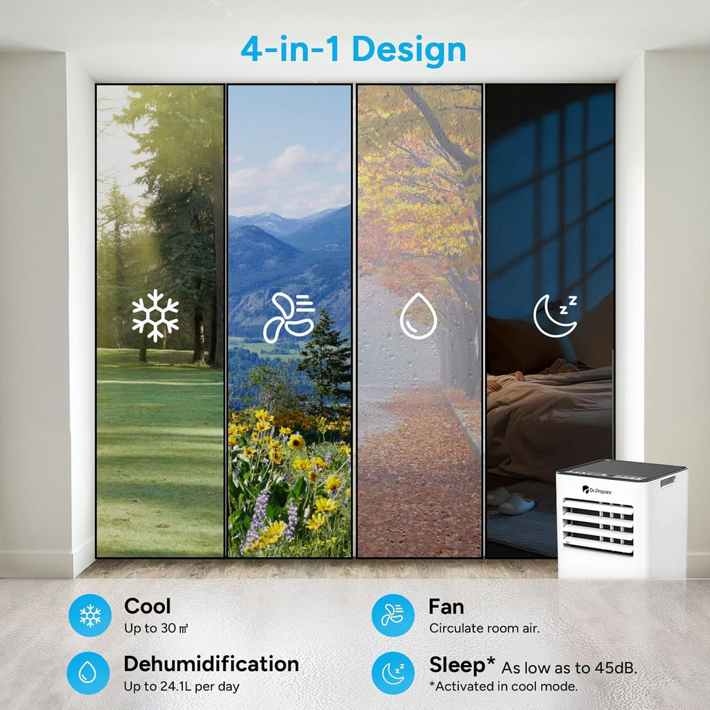 DR.PREPARE Condizionatore Portatile 9000 BTU con APP, Climatizzatore Mobile 4 in 1 con Tubo di Scarico, Raffreddamento & Ventilazione & Deumidificazione, Ventilatore & Modalità Sonno con Telecomando, Rinfresca fino a 30m², Timer 1-24H