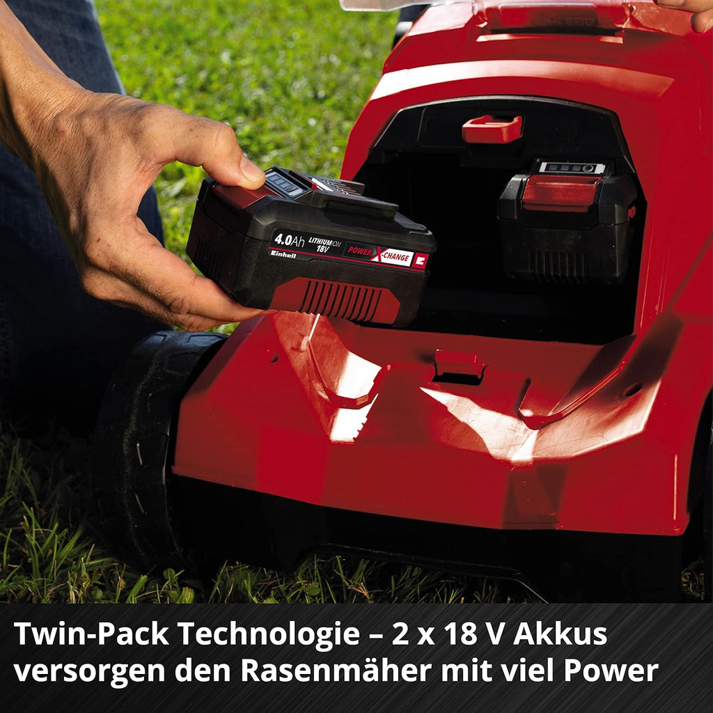Einhell Rasaerba a batteria RASARRO 36/38 Kit Power X-Change (36 V, 38 cm larghezza taglio, 450 m, senza spazzole, funzione mulching, sacco di raccolta 45L, incl. 2 batterie da 4,0 Ah + caricatore doppio)