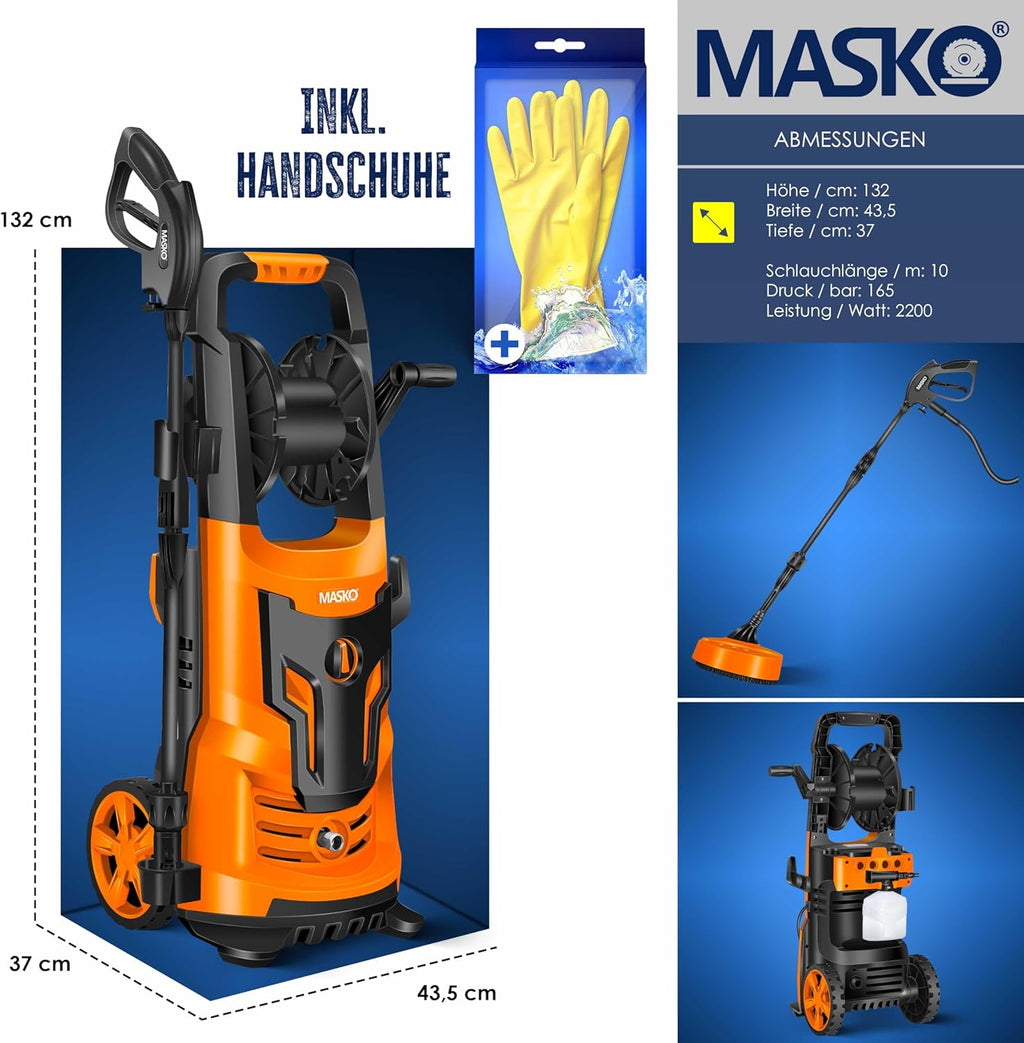 MASKO® Idropulitrice 2200 Watt 165 bar 450 l/h, con avvolgitubo 10m, set accessori 9 pezzi, con serbatoio per sapone e ugello schiumogeno, pistola ad alta pressione per auto/recinzioni/giardino/pati (Grigio)