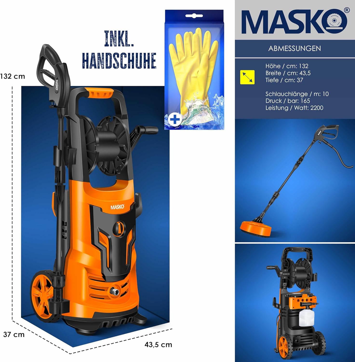 MASKO® Idropulitrice 2200 Watt 165 bar 450 l/h, con avvolgitubo 10m, set accessori 9 pezzi, con serbatoio per sapone e ugello schiumogeno, pistola ad alta pressione per auto/recinzioni/giardino/pati (Grigio)