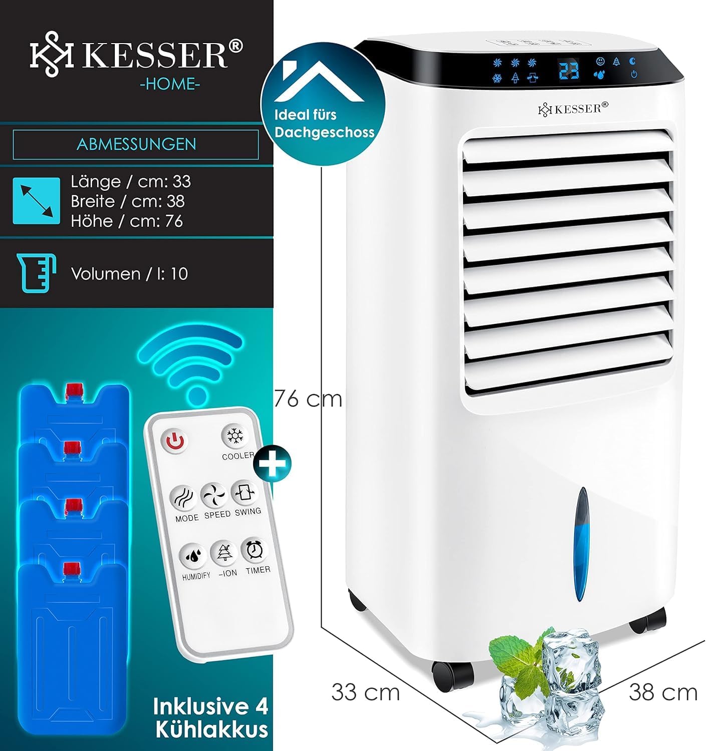 KESSER Climatizzatore Portatile 4in1 | Telecomando | Unità di Climatizzazione | Ventilatore per Climatizzatore | Timer | 3 Livelli | Ionizzatore Umidificatore | Raffreddatore d'Aria |