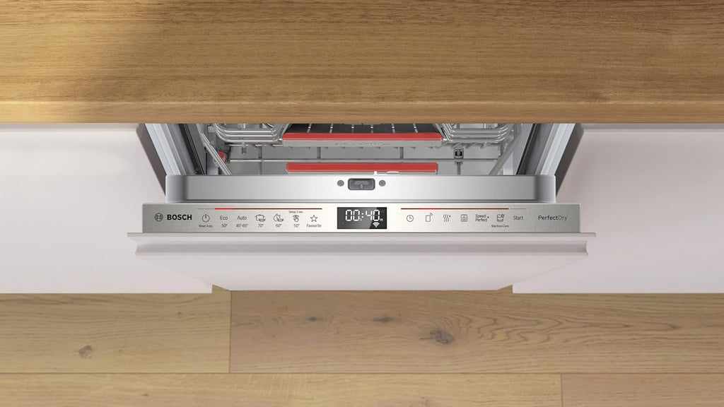 Bosch SPV2IKX10E Serie 2 Lavastoviglie smart a scomparsa totale, larghezza 45 cm, Cestello posate, Extra Asciugatura con la pressione di un pulsante, InfoLight punto luce rosso sul pavimento, AquaStop protezione dai danni causati dall'acqua, Bianco