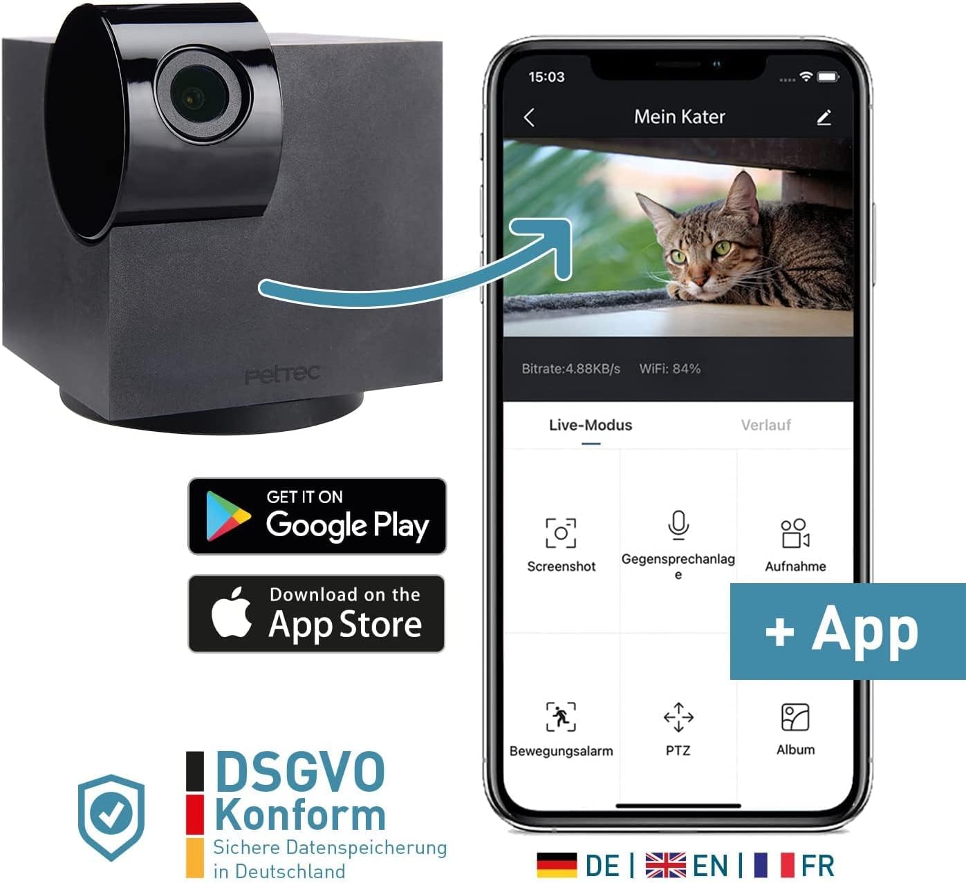 PetTec Videocamera per animali domestici a 360° e distributore automatico di cibo con espulsione di crocchette - tramite App e pulsante multifunzione - Rilevamento dei latrati - Funzione visione notturna 3MP - Telecamera per cani e gatti