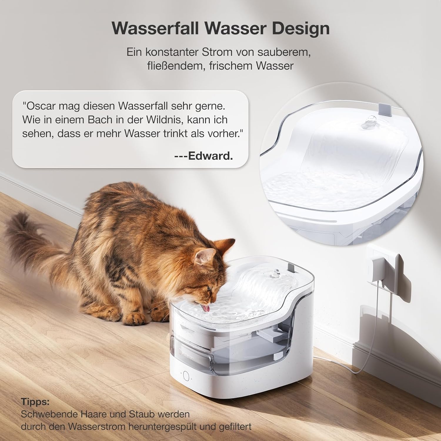 PETGUGU Katzenbrunnen für Katzen: Trinkbrunnen für Katze mit kabelloser Pumpe, 2L, Ultra-leise, Katzenbrunnen mit Bewegungssensor, Fernbedienung App und Datenüberwachung, WiFi 2,4 G (PF1)