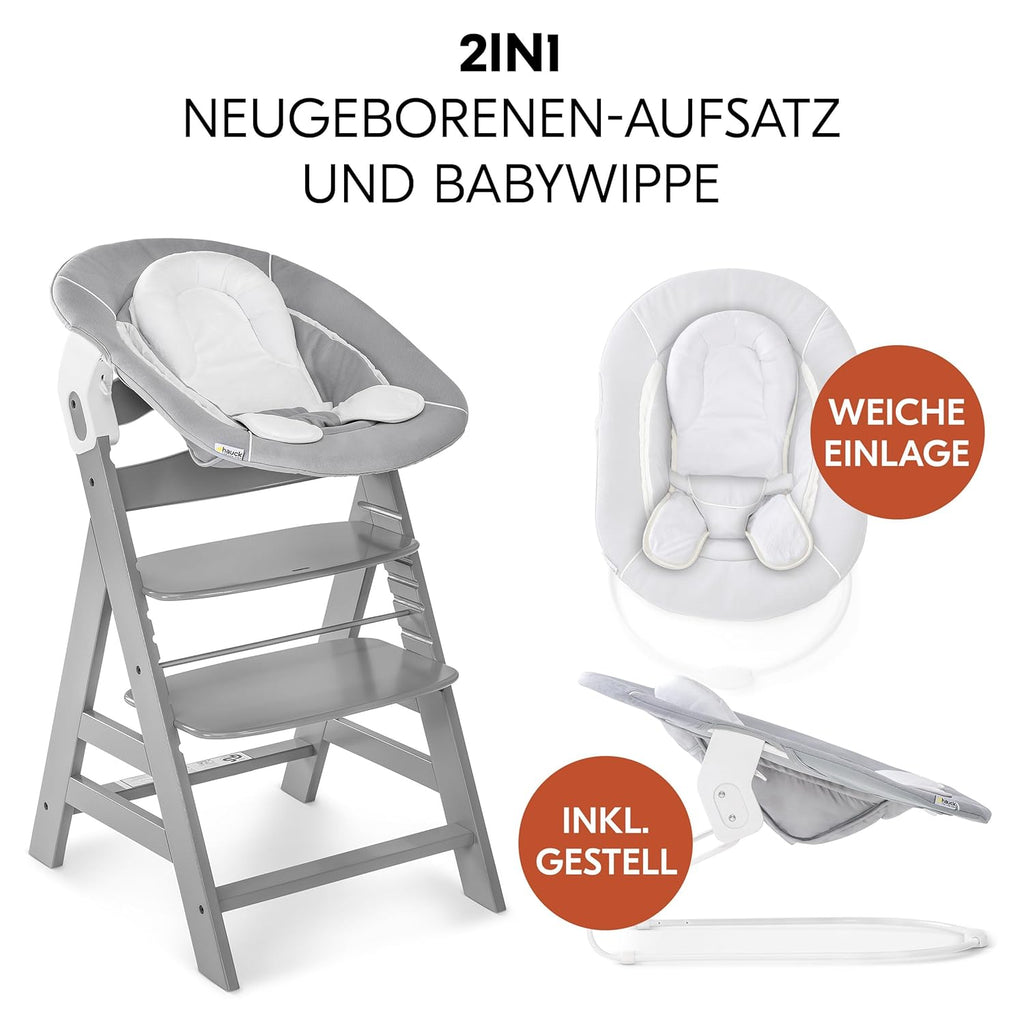 hauck Hochstuhl Alpha Plus Newborn Set mit 2in1 Bouncer - Mitwachsender Holz Babyhochstuhl ab Geburt, inkl. Sitzauflage & Neugeborenenaufsatz - Dark Grey