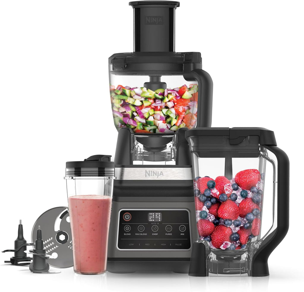 Robot da cucina e frullatore Ninja 3-in-1 con 5 programmi: Frullare, Frullare al massimo, Tritare, Mescolare, Ridurre in purea, ciotola da 1,8 L, caraffa da 2,1 L, tazza da 700 ml, 1200 W, lavabile in lavastoviglie, Auto-iQ, Nero BN800EU