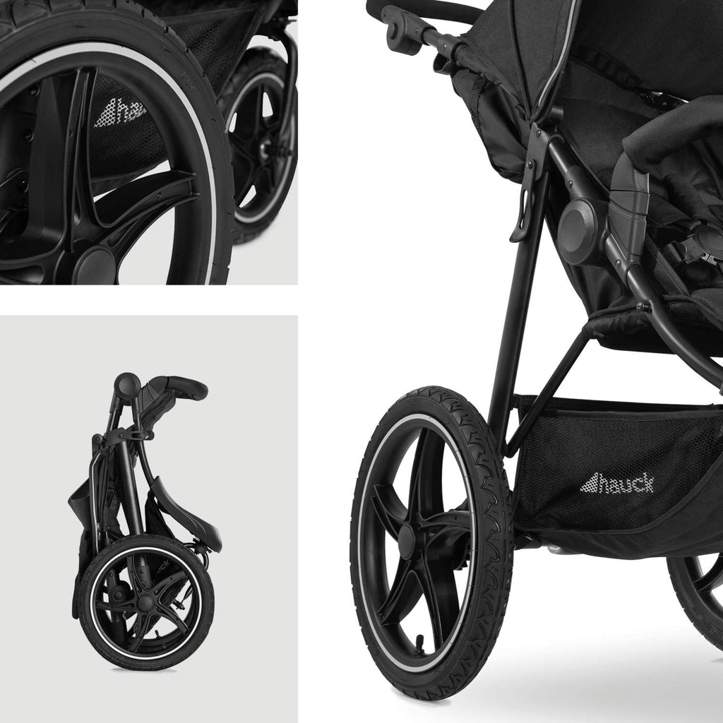 hauck Passeggino Runner 2, Passeggino a tre ruote con ruote pneumatiche XL per bambini fino a 22 kg, Protezione UV 50+, Finestra di ventilazione, Regolabile in altezza, Pieghevole, Cestino XL fino a 3 kg, Funzione reclinabile (Nero)