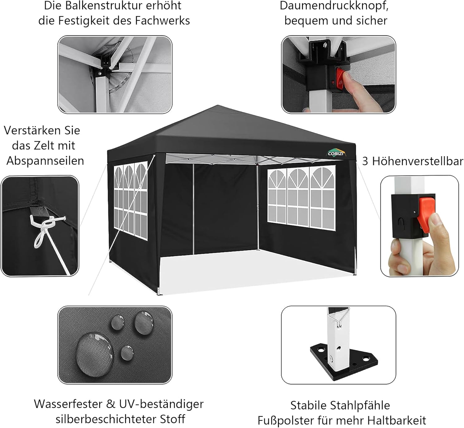 COBIZI Gazebo Pieghevole 3x6 Impermeabile Stabile con 6 Pareti Laterali, Tenda a Padiglione con Tetto a Punta, 3 Altezze Regolabili, Protezione UV, Borsa per Il Trasporto, Picchetti, Corde per Giardino, Matrimoni, Mercati, Eventi all'Aperto