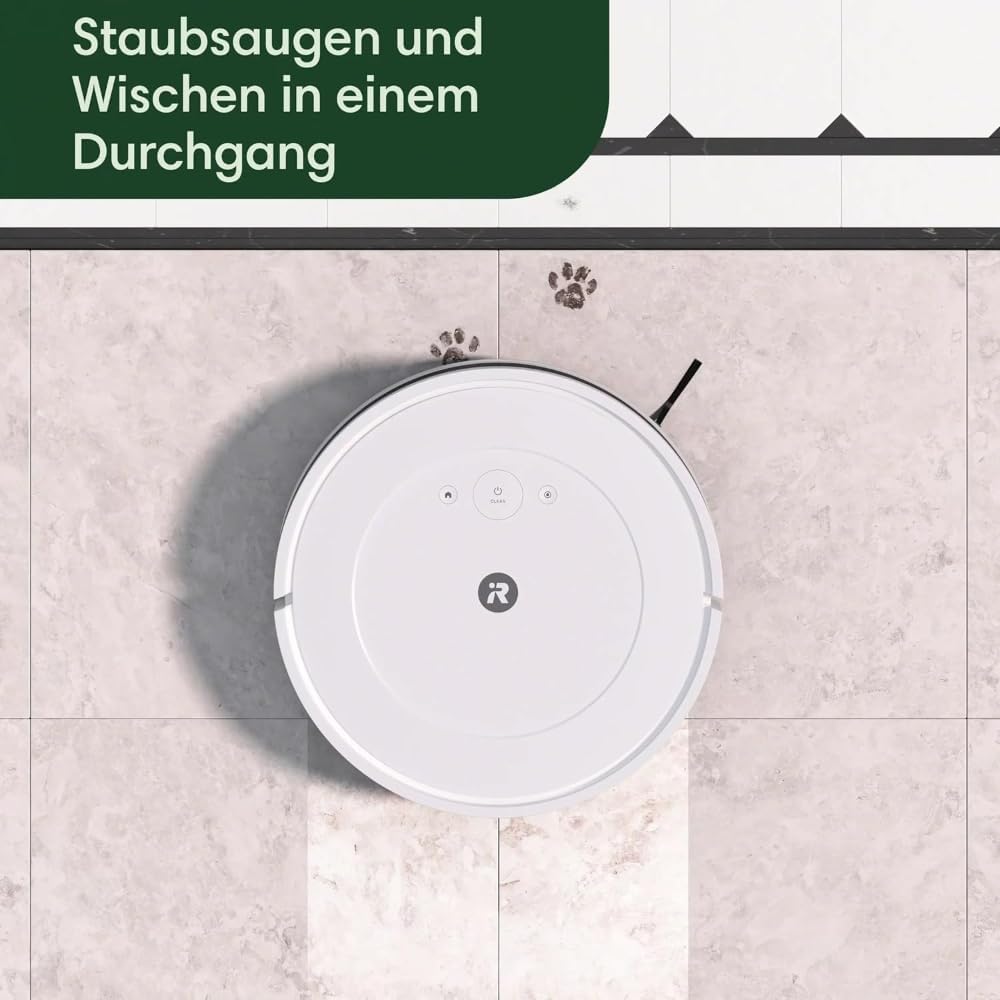 Robot aspirapolvere e lavapavimenti iRobot Roomba Combo Essential (Y0112), potente aspirazione e lavaggio, sistema di pulizia a 4 fasi, 3 livelli di aspirazione, pulizia Spot, controllabile tramite app, pulsanti o voce, Bianco