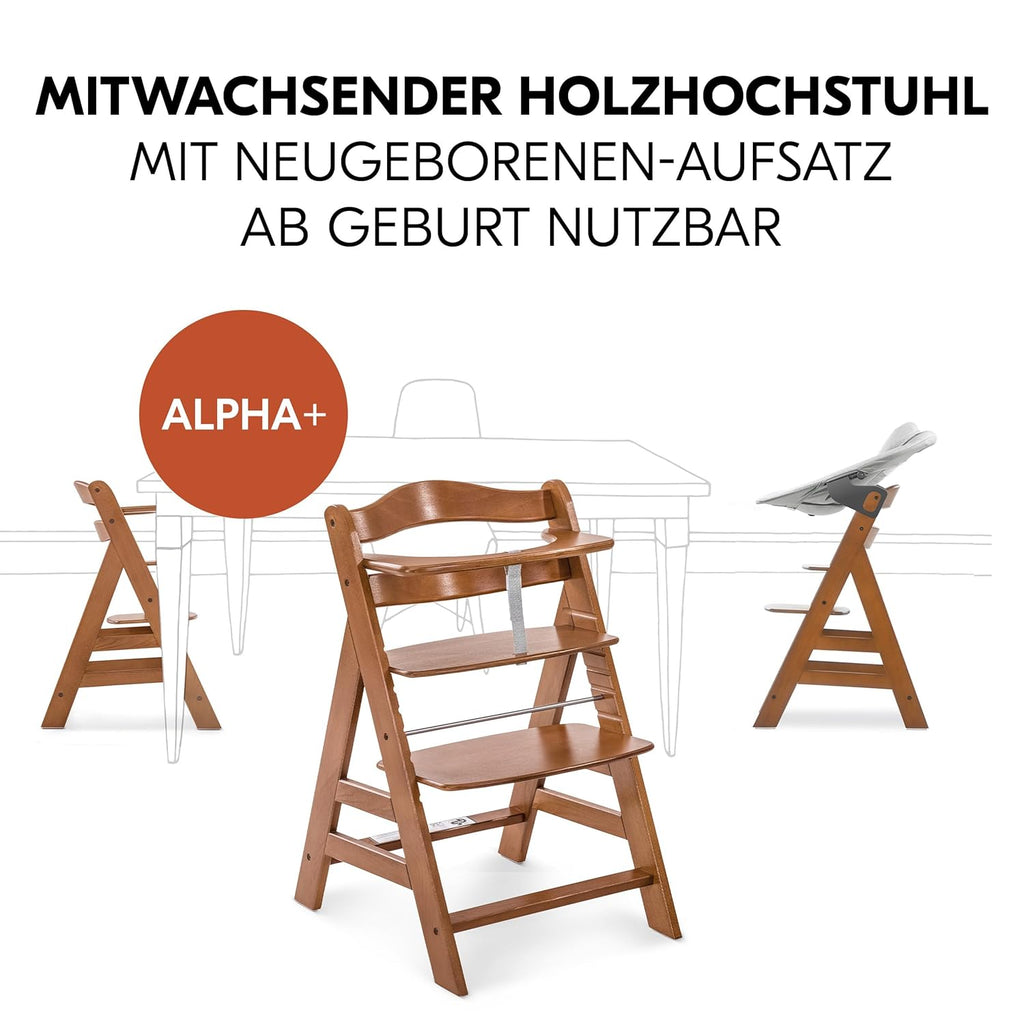 hauck Alpha Plus Newborn Set mit Premium Bouncer Dark Grey - Baby Holz Hochstuhl ab Geburt mit Liegefunktion - extra flacher Aufsatz für Neugeborene & Baumwoll Sitzpolster - Grau