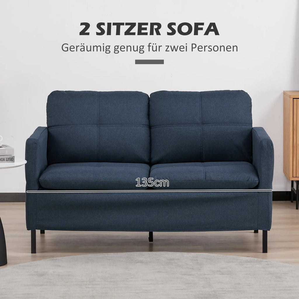 HOMCOM Divano a 2 Posti con Effetto Lino e Gambe in Acciaio, Blu Scuro
