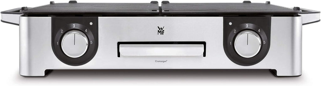 WMF Lono Master-Grill, Grill Elettrico, 50x28 cm, Grill Elettrico da Tavolo con Paravento e Vaschetta Raccogligocce, Certificato per Esterni per Barbecue, 2 Superfici di Cottura Regolabili Separatamente, 2400 W, Acciaio Inossidabile Opaco