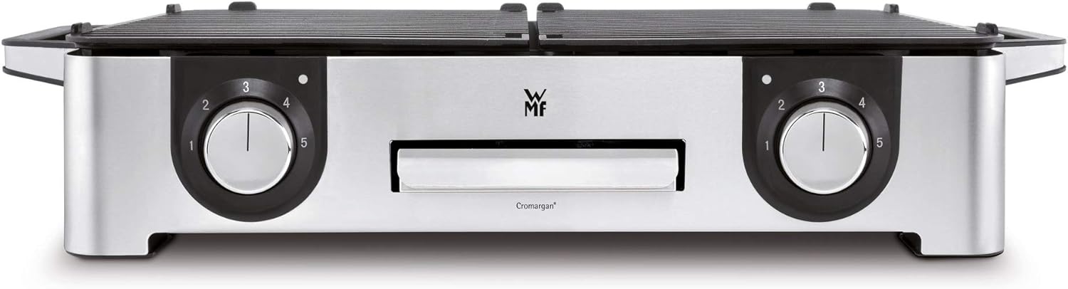 WMF Lono Master-Grill, Grill Elettrico, 50x28 cm, Grill Elettrico da Tavolo con Paravento e Vaschetta Raccogligocce, Certificato per Esterni per Barbecue, 2 Superfici di Cottura Regolabili Separatamente, 2400 W, Acciaio Inossidabile Opaco