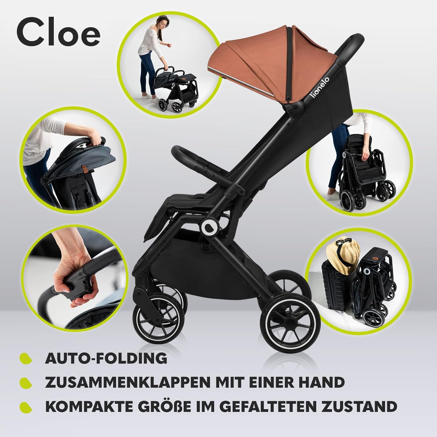 LIONELO Cloe Passeggino Pieghevole fino a 22 kg, Schienale Reclinabile Funzione Nanna, Imbracatura a 5 Punti Grandi Ruote Girevoli Zanzariera Porta Biberon Leggero Compatto Impermeabile (Grigio)