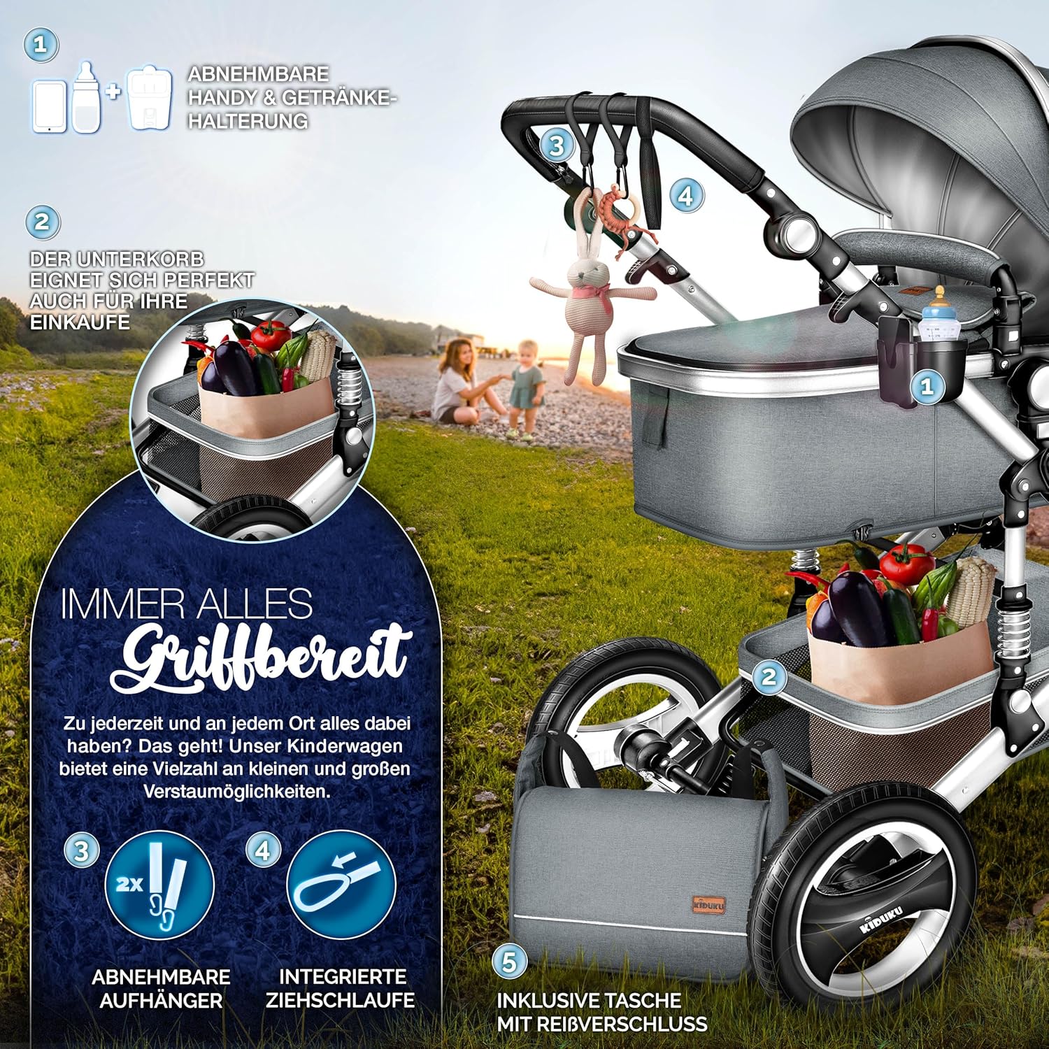 KIDUKU® Set completo passeggino 3 in 1 | Set passeggino combinato con navicella e sedile sportivo passeggino e seggiolino auto ovetto sacco a pelo | Ruote in gomma piena borsa per il cambio scaldamani parapioggia tavolino ECE R129