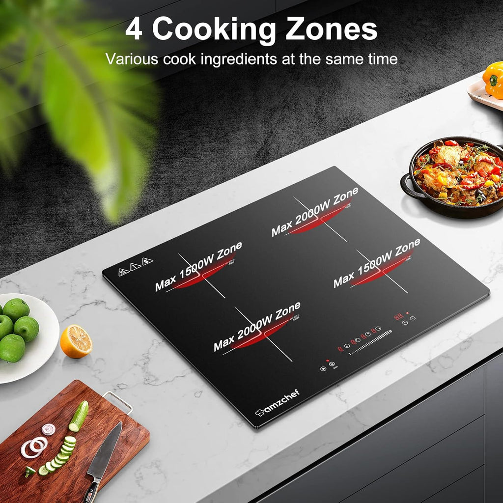 AMZCHEF Induktionskochfeld 60cm mit Zwei Flexzonen, 4 Zonen Induktionskochplatte mit Boost-Funktion und 9 Leistungsstufen, Touch-Bedienung, Timer, Sicherheitsschloss, Überhitzungsschutz, BBQ, 7200W