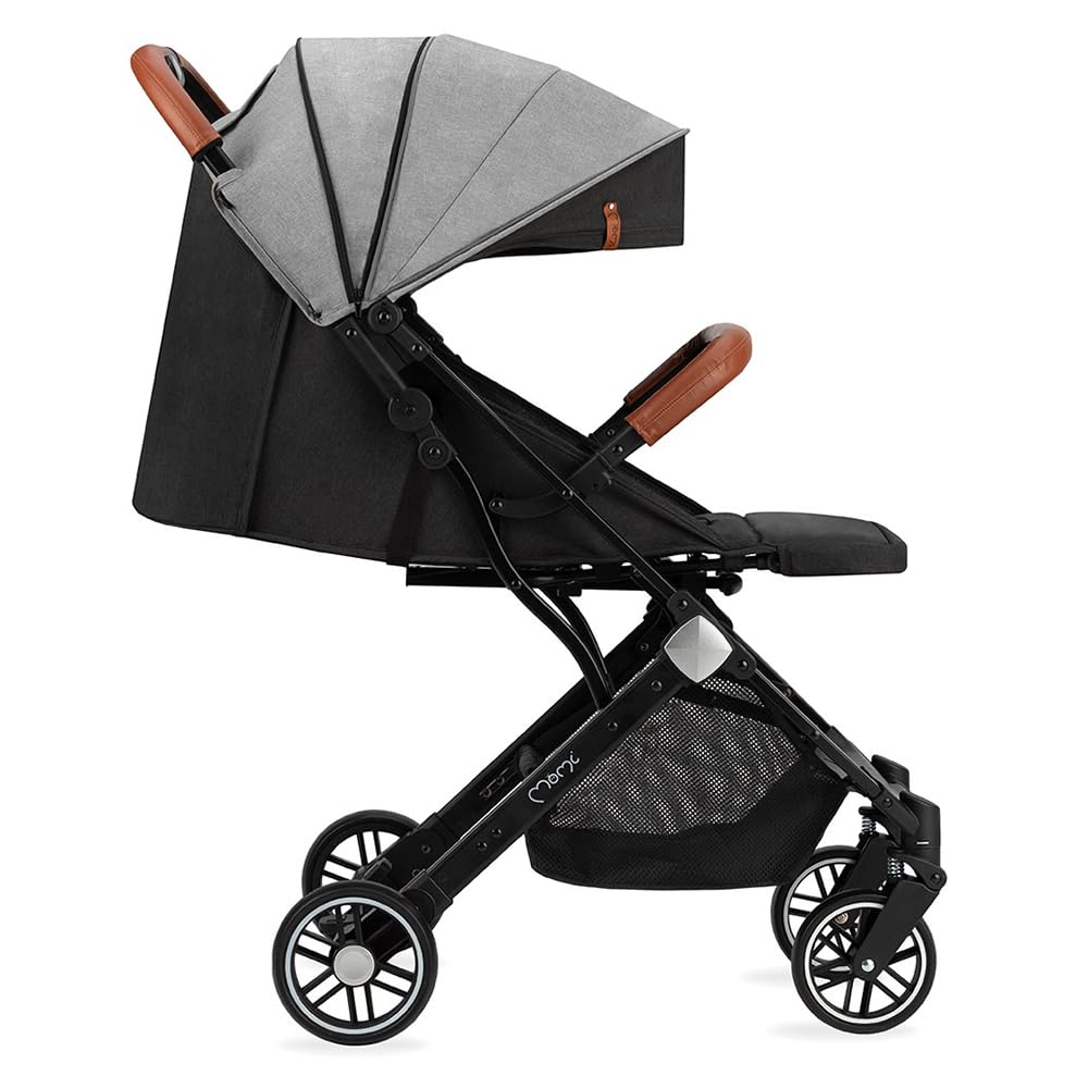 MOMI ESTELLE Kinderwagen für Kinder ab 6 Monat bis zu max körpergewicht von 15 kg, klappbar auf die Maße 65 x 51 x 21 cm, gewicht 7,5 kg, 5-Punkt-Sicherheitsgurt, koffer, grau-gold, Räder 6''/6,5''