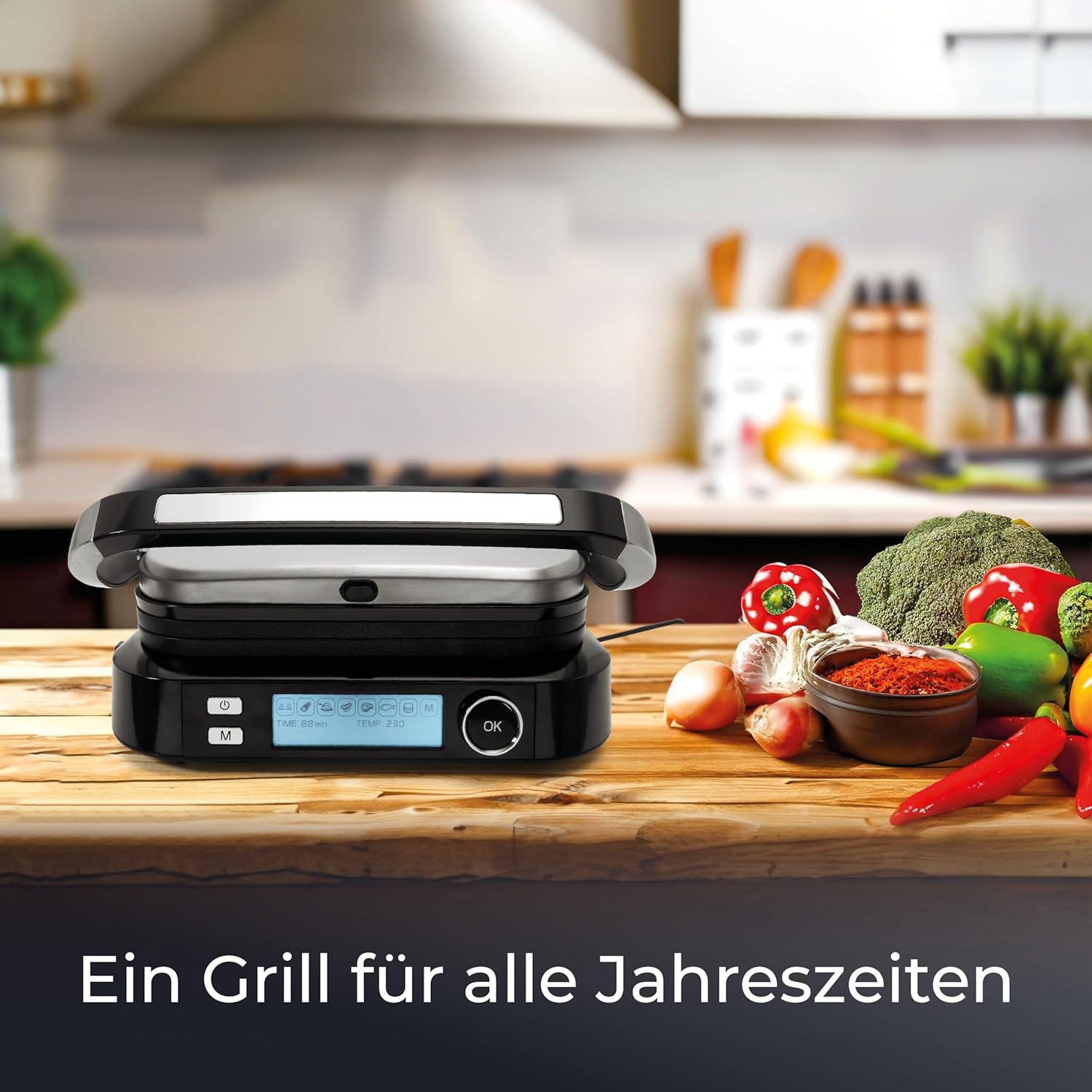 KLAMER Kontaktgrill, 7 Automatikprogramme, abnehmbare Platten, Antihaftbeschichtung, 2100W starker Plattengriller mit Cool-Touch-Griff, Schwarz & Edelstahl