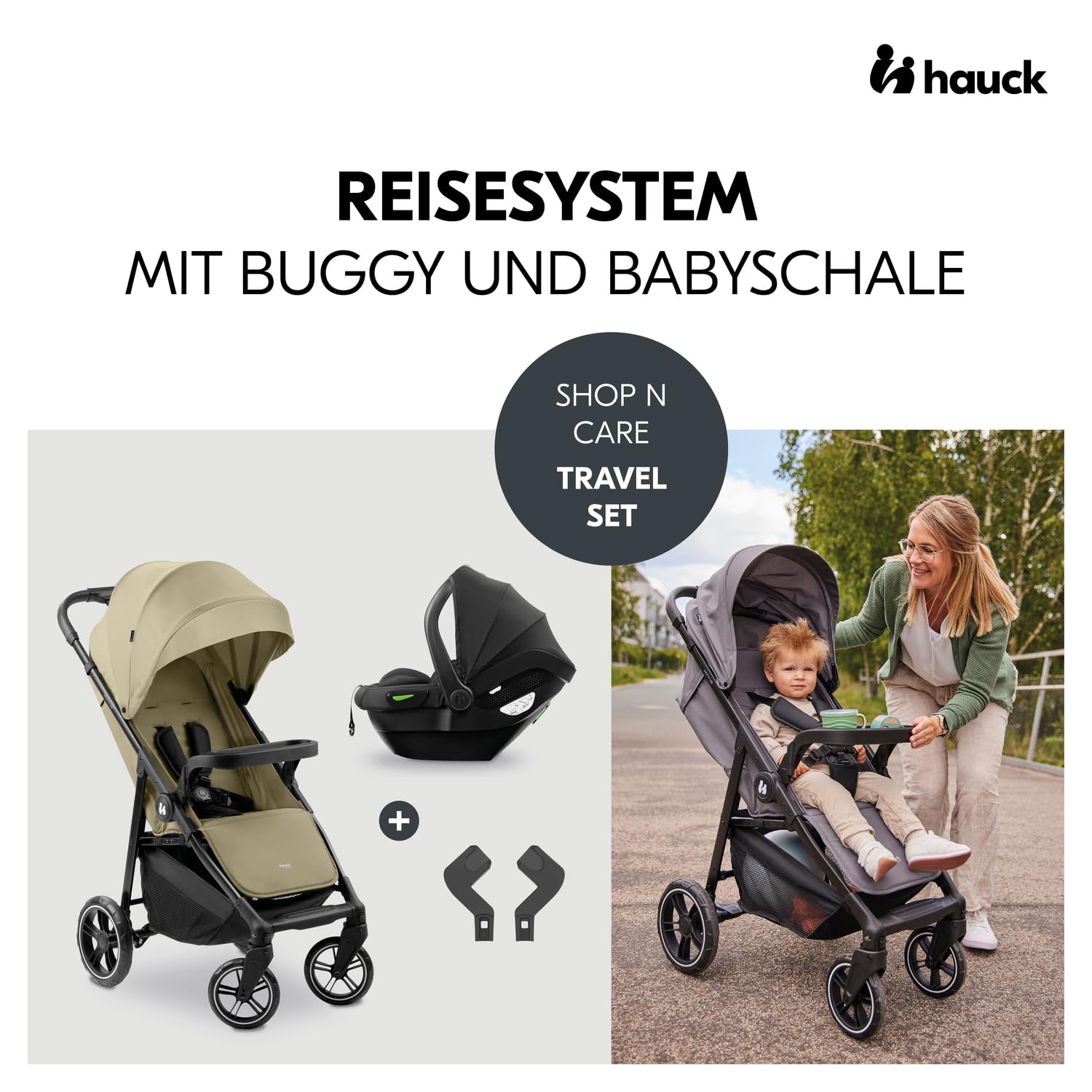 hauck Set Trio 3in1 Shop N Care con Passeggino, Navicella, Seggiolino Auto dalla nascita fino a 22 kg, Chiusura Compatta, Reclinabile, Portabicchieri & Vassoio, Protezione UV 50+ (Grey)