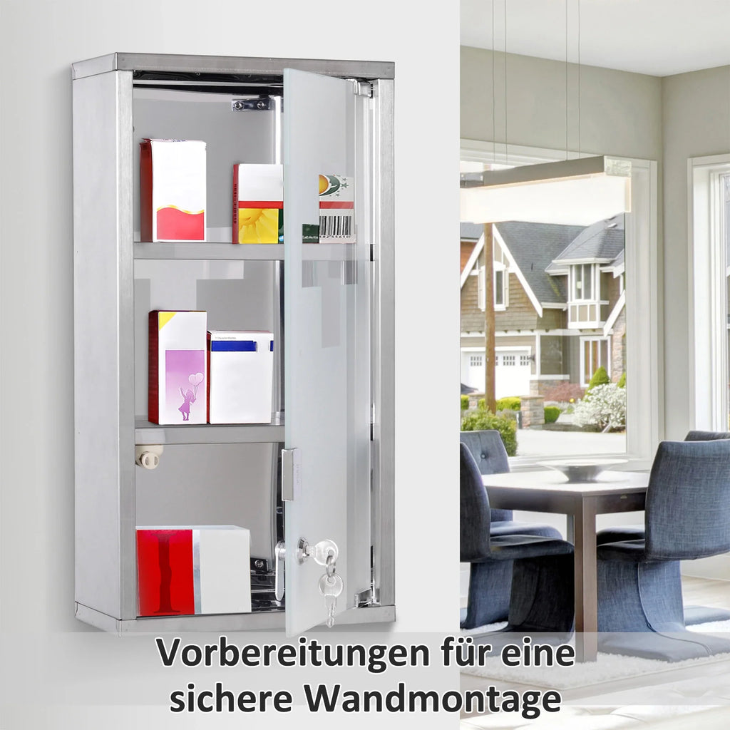 HOMCOM Medizinschrank abschließbar 3 Fächer Edelstahl