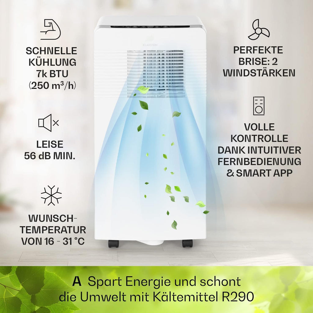Klarstein Condizionatore Portatile 3 in 1 con Tubo di Scarico, Ventilatore, Deumidificatore e Modalità Notte, Climatizzatore Piccolo e Portatile per Casa e Ufficio, 12000 BTU Basso Consumo