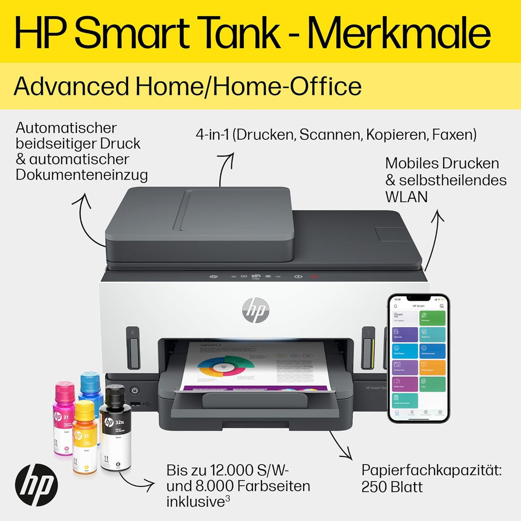 Stampante multifunzione HP Smart Tank 7605 4-in-1 (Wi-Fi; fronte/retro; ADF) – 3 anni di inchiostro incluso, 3 anni di garanzia, serbatoio inchiostro grande, alta autonomia, stampa di alta qualità