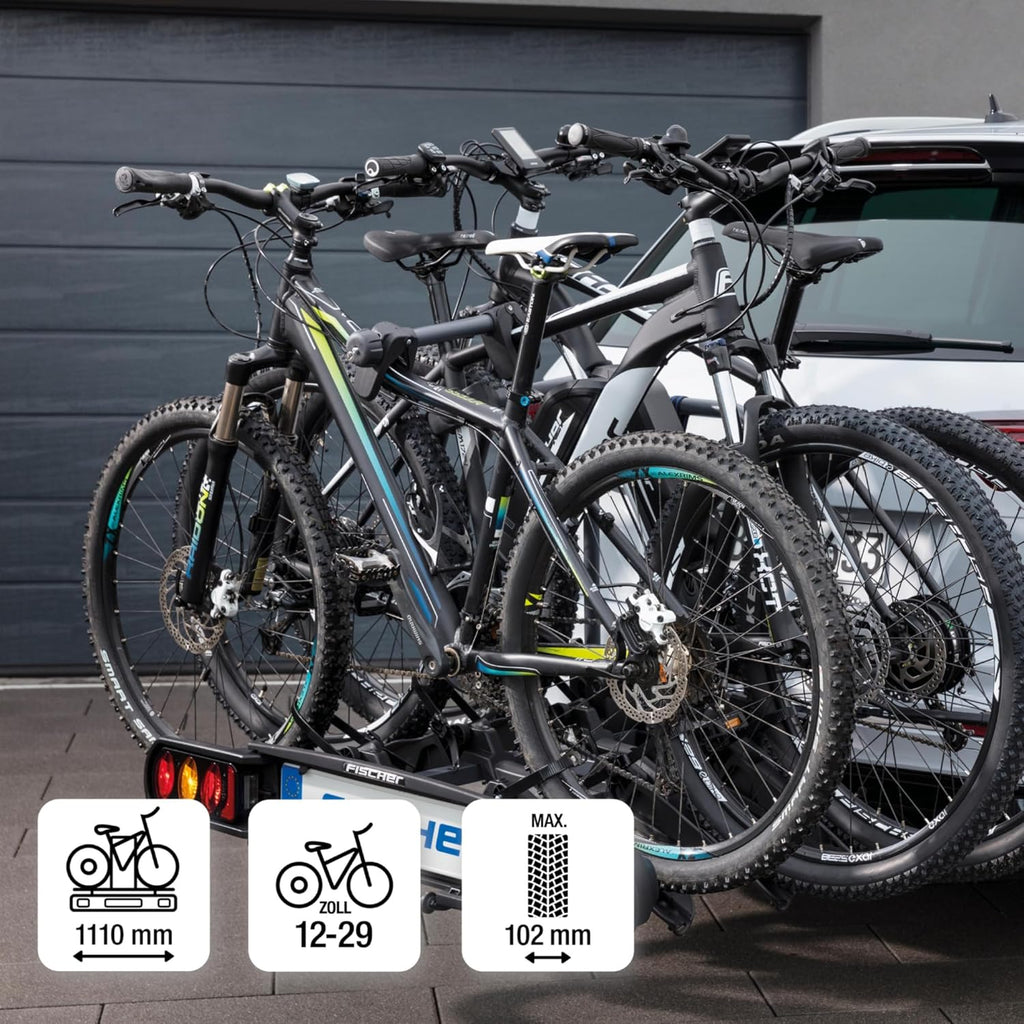 Fischer Portabici da Gancio Traino Proline Evo 2, per 2 biciclette fino a 60 kg di carico utile, adatto per e-bike, preassemblato, con serratura, pieghevole