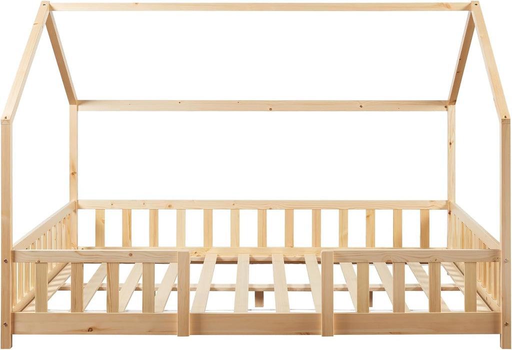 [en.casa] Letto per bambini Sisimiut a capanna 80 x 160 cm con protezione anticaduta letto in legno per bambini letto a terra rete a doghe in legno di pino Bianco opaco