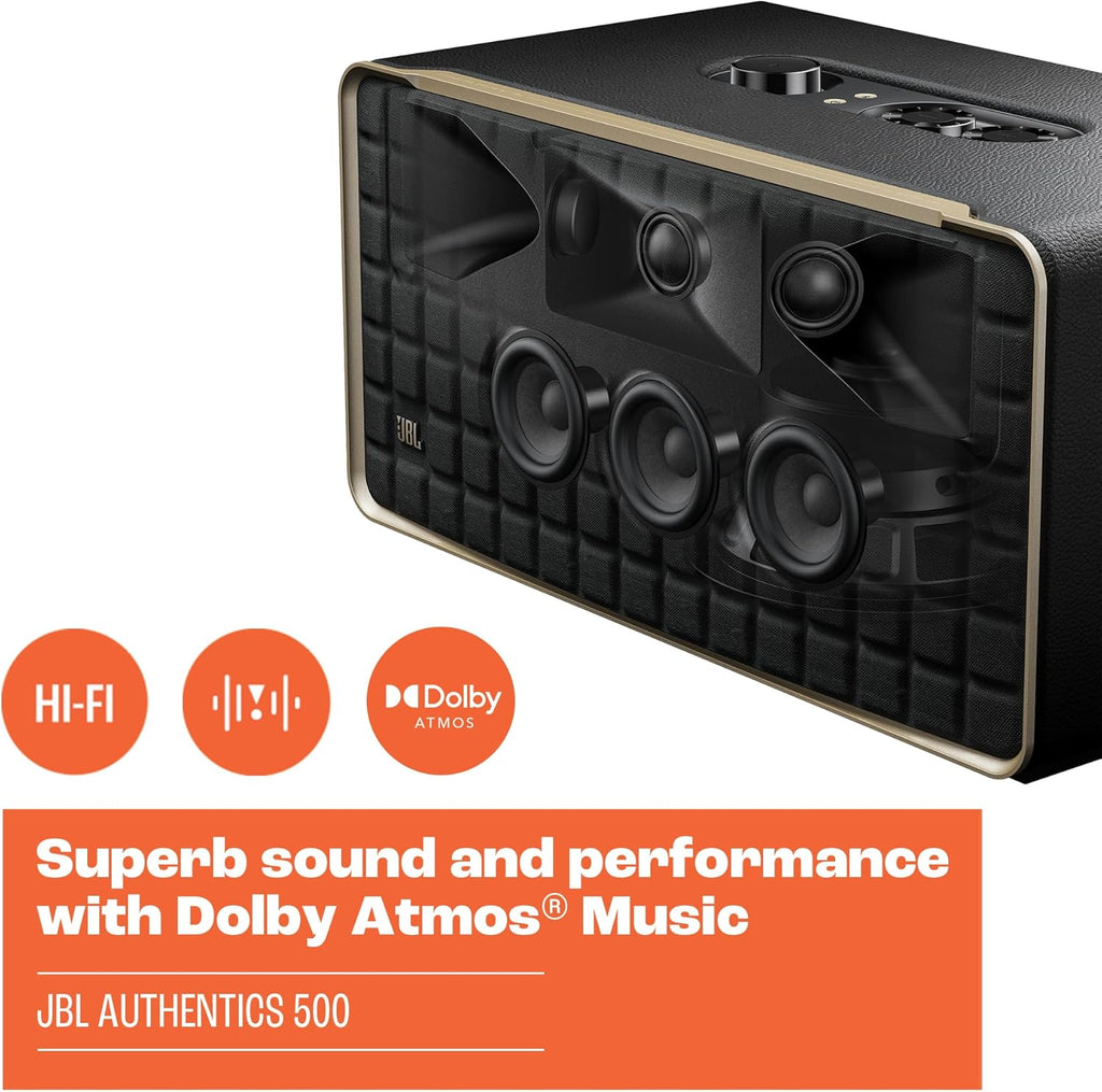 JBL Authentics 200 Smart Home Altoparlante – Cassa Bluetooth dal design retrò anni '70 – Con griglia Quadrex, Google Assistant, Alexa, AirPlay e JBL One App – Nero