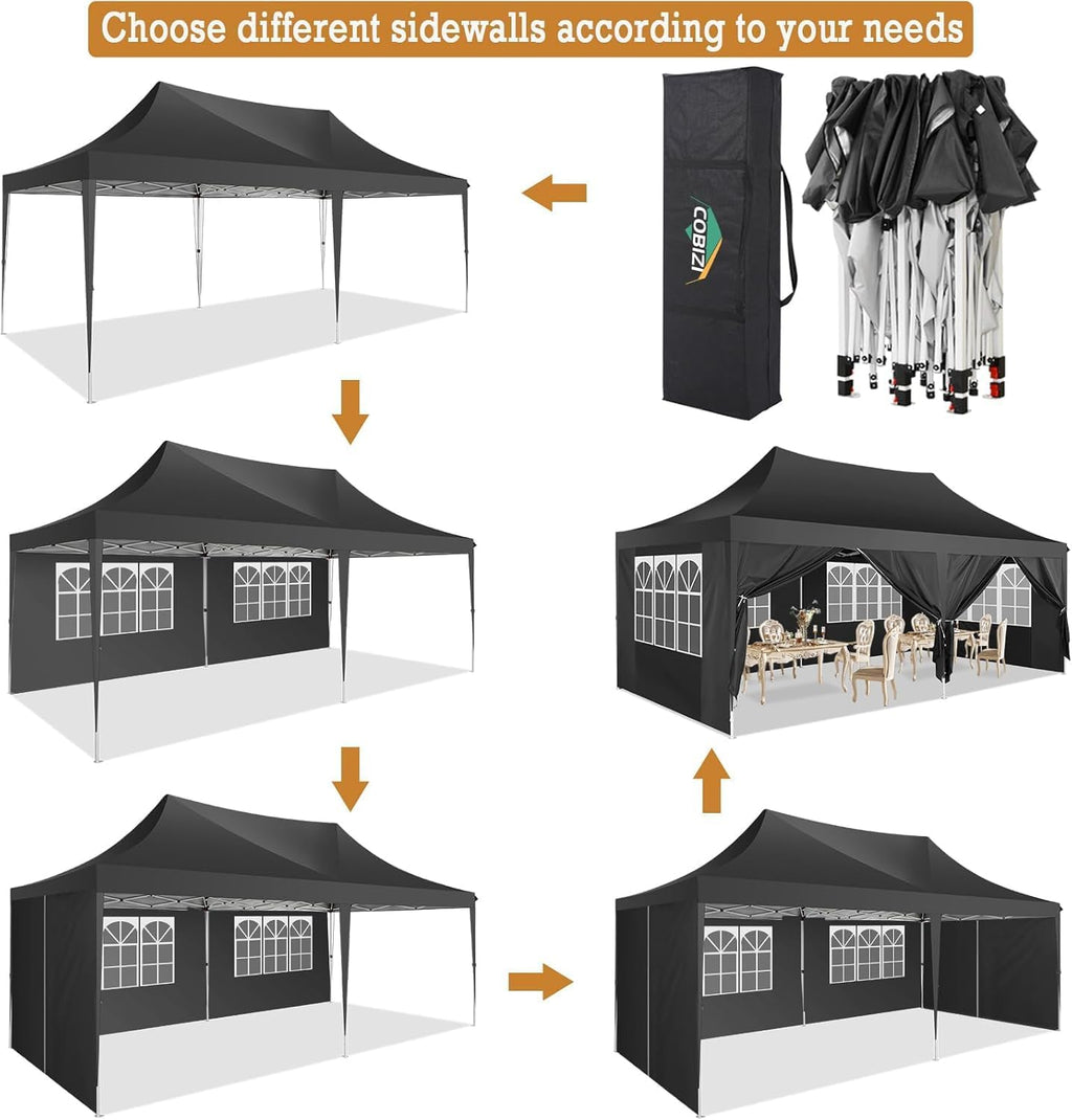 COBIZI Gazebo 3x6 Pieghevole Impermeabile Stabile con 6 Pareti Laterali a Cono Tenda per Feste 3 Altezze Regolabili Protezione UV Borsa per il Trasporto Picchetti, Corde per Giardino, Matrimoni, Mercati, Eventi all'Aperto