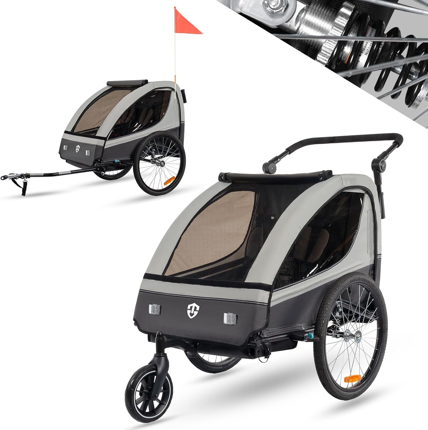 Tiggo VS Kinderanhänger 360° Drehbar mit Federung 2in1 Fahrradanhänger mit Buggy Set Jogger 5-Punkt Gurt Fahrrad Anhänger für 1 bis 2 Kinder max. 40kg