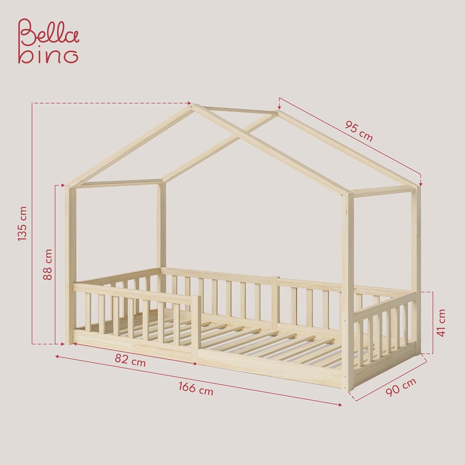 Bellabino Lettino per bambini Bia 140x200 cm, letto a capanna per bambini con protezione anticaduta e rete a doghe arrotolabile, letto a terra Montessori bianco in legno massello di pino