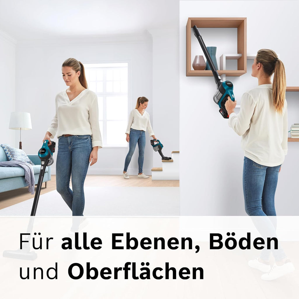 Bosch Akku-Staubsauger Unlimited Serie 6 BKS6111P, aspirapolvere senza fili, senza sacco, leggero, filtro igienico, elevata potenza di aspirazione, lunga autonomia, bocchetta per fessure, tutti i tipi di pavimento, blu