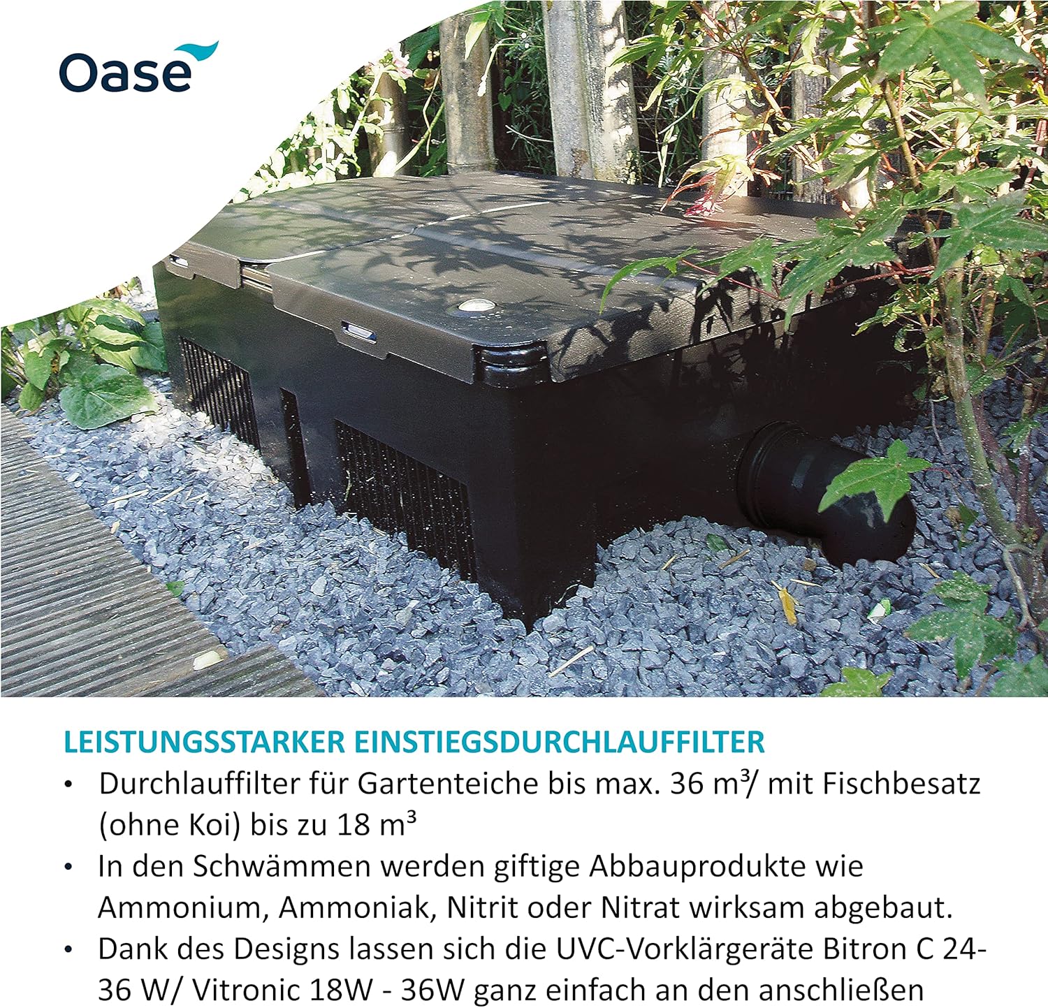 OASE 57377 Filtro a flusso continuo BioSmart UVC 16000 adatto per laghetti fino a 16 m³, sistema di filtraggio, set di filtraggio incl. materiale filtrante e chiarificatore UVC, nero