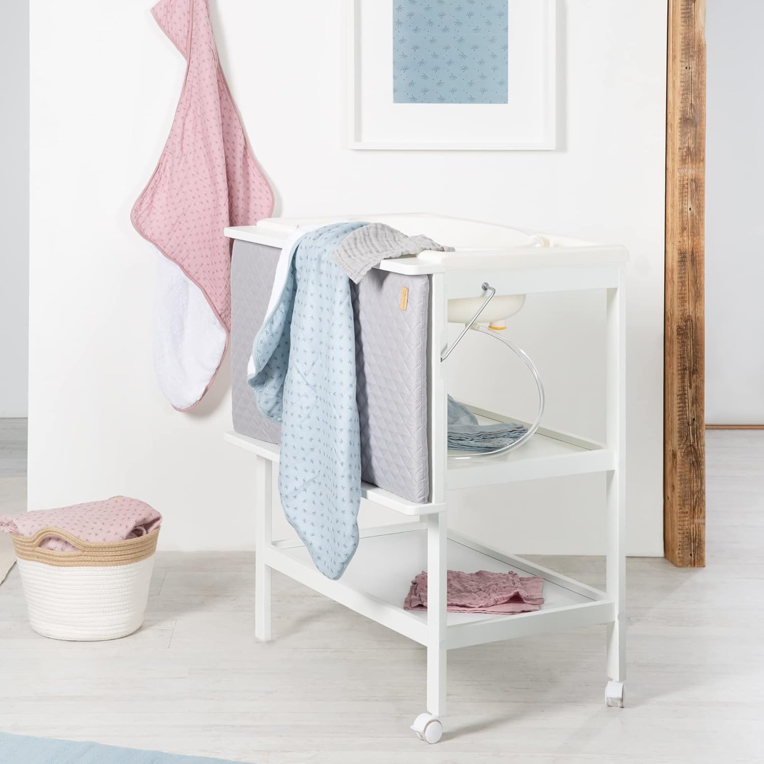 roba Fasciatoio da Bagno Combinato + Materassino Fasciatoio Style grigio - Fasciatoio Mobile Combinato con Vasca Integrata - con piano fasciatoio estraibile - Legno bianco