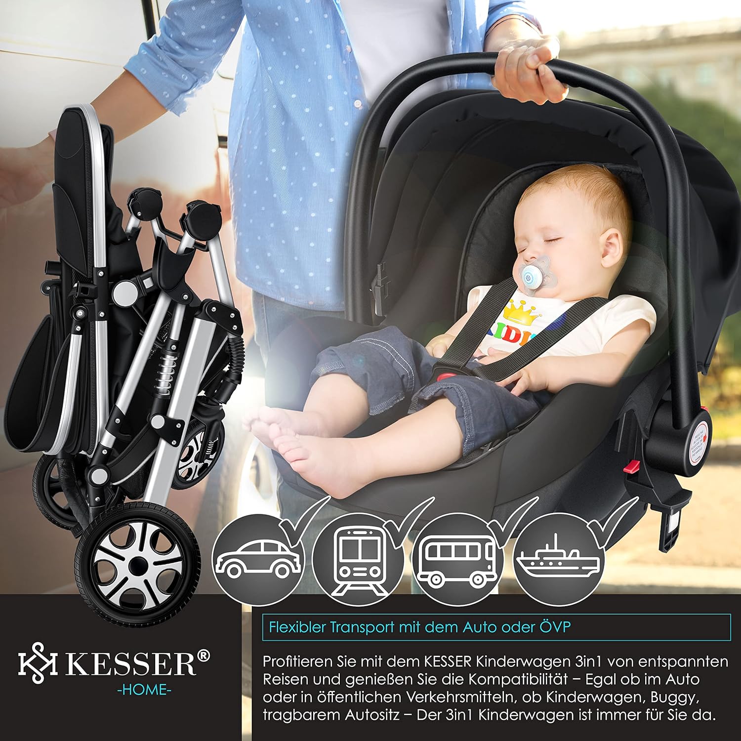 KESSER® Loops Passeggino Trio 3 in 1, Set Completo con Navicella, Seduta Passeggino e Seggiolino Auto Ovetto, Ruote in Gomma Piena, Borsa Fasciatoio, Parapioggia, Tavolino, ECE R129, Nero/Champagne